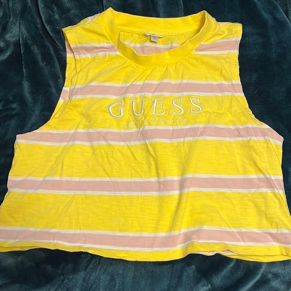 Guess sleeveless yellow and pink striped crop top🌞